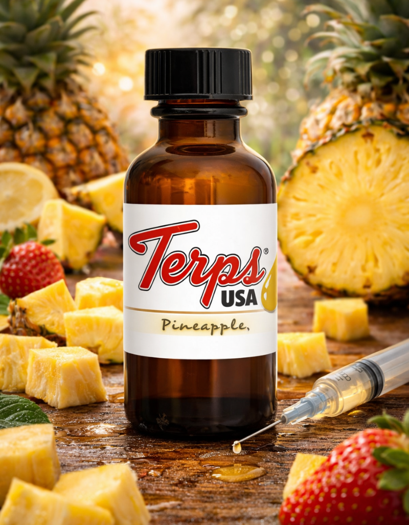 Bottle of Terps USA Pineapple flavor Liquidizer for wax to vape oil with pineapple pieces and a strawberry on a wooden surface.