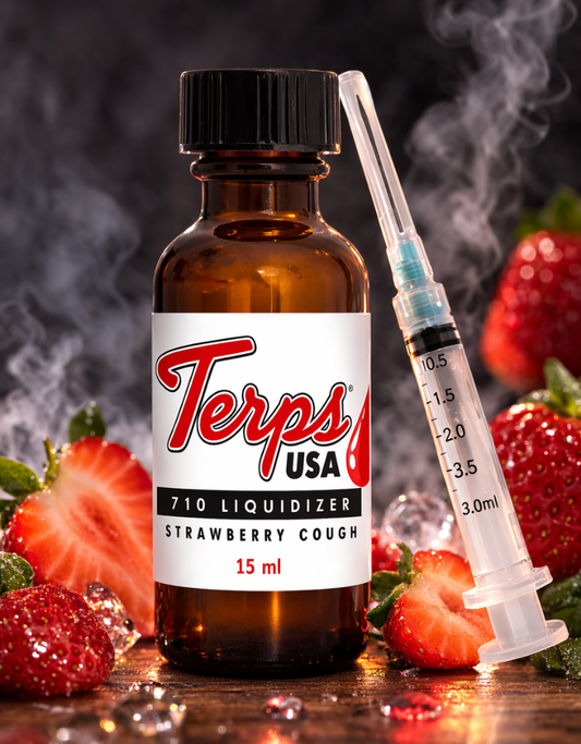 Bottle of Terps USA strawberry cough Liquidizer for wax to vape oil with a syringe and strawberries on a dark background
