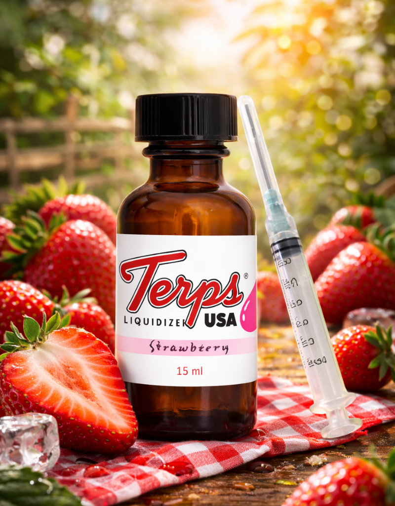 Bottle of Terps USA strawberry-flavored Liquidizer for wax to vape oil with a syringe and strawberries on a checkered cloth.