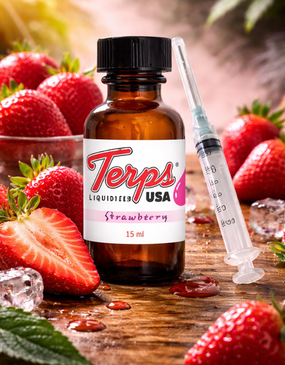 Bottle of Terps USA Strawberry Liquidizer for shatter to vape oil pens with strawberries and a syringe on a wooden surface.