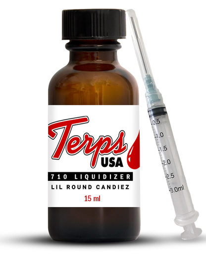 A bottle of Terps USA liquidizer for shatter to vape oil with a label that reads 'Lil Round Candiez'. There is a blunt tip syringe next to the bottle.