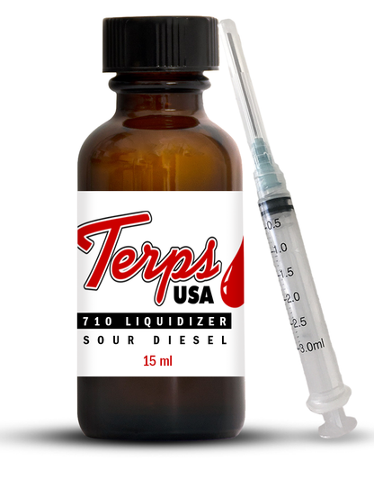 A bottle of Terps USA 710 Sour Diesel liquidizer for cannabis concentrates to vape oil with a 3 ml blunt tip syringe. The bottle is labeled with the product name and size, and has a white and red label.