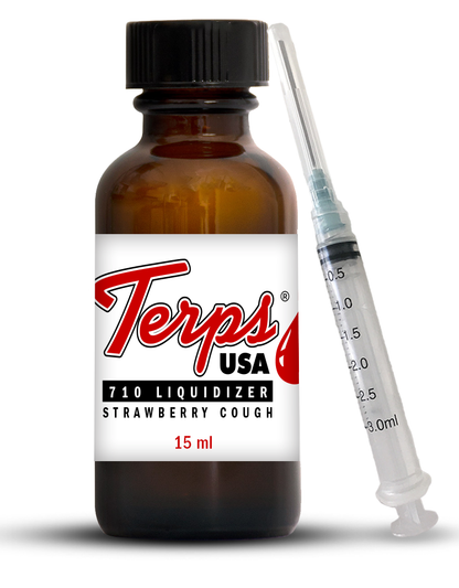 A bottle of Strawberry Cough Liquidizer for cannabis concentrates to vape oil  with a label reading 'Terps USA' and a syringe; the size of the bottle is indicated as 15 ml.
